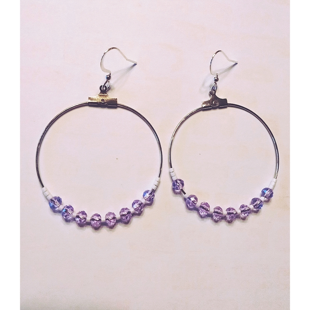 Miyuki delica and purple glass Czech silver medium sized hoops dangle earrings